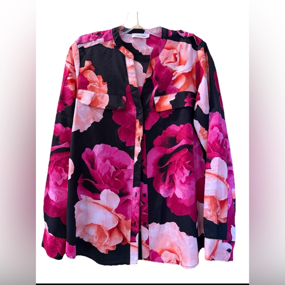 Calvin Klein‎ Floral Roll Tab Sleeve Tunic Shirt Blouse Women’s Small Roses